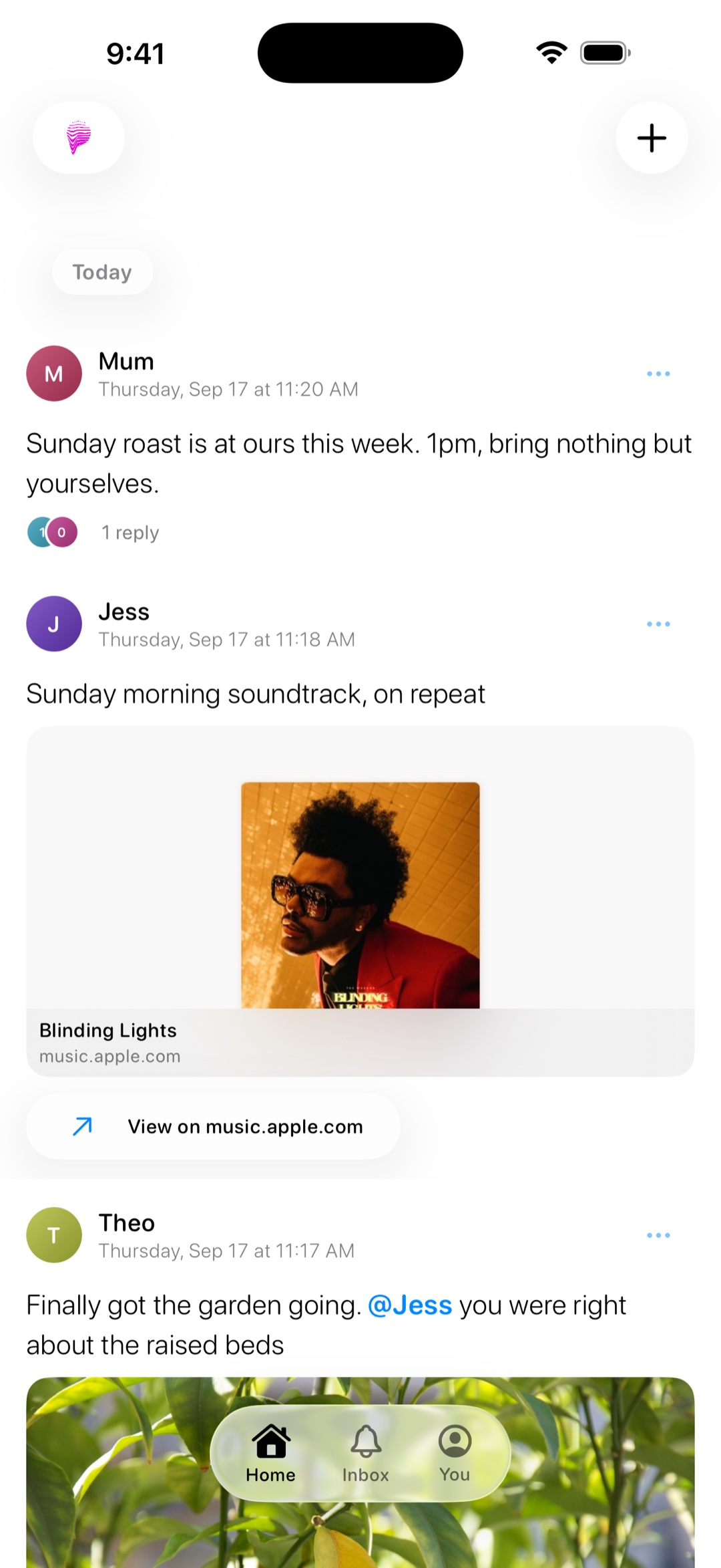 The Ping feed: three friends' posts in the order they were made — a note about Sunday roast, a song on repeat, and a garden photo with an @mention.