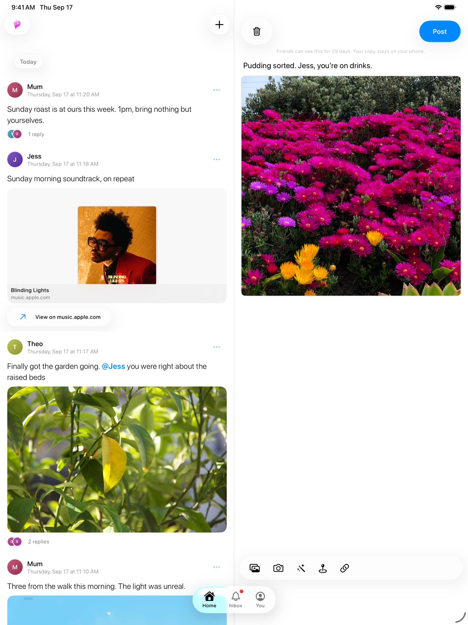 Ping on iPad: the feed in one column, and a post being written beside it with a photo of flowers.