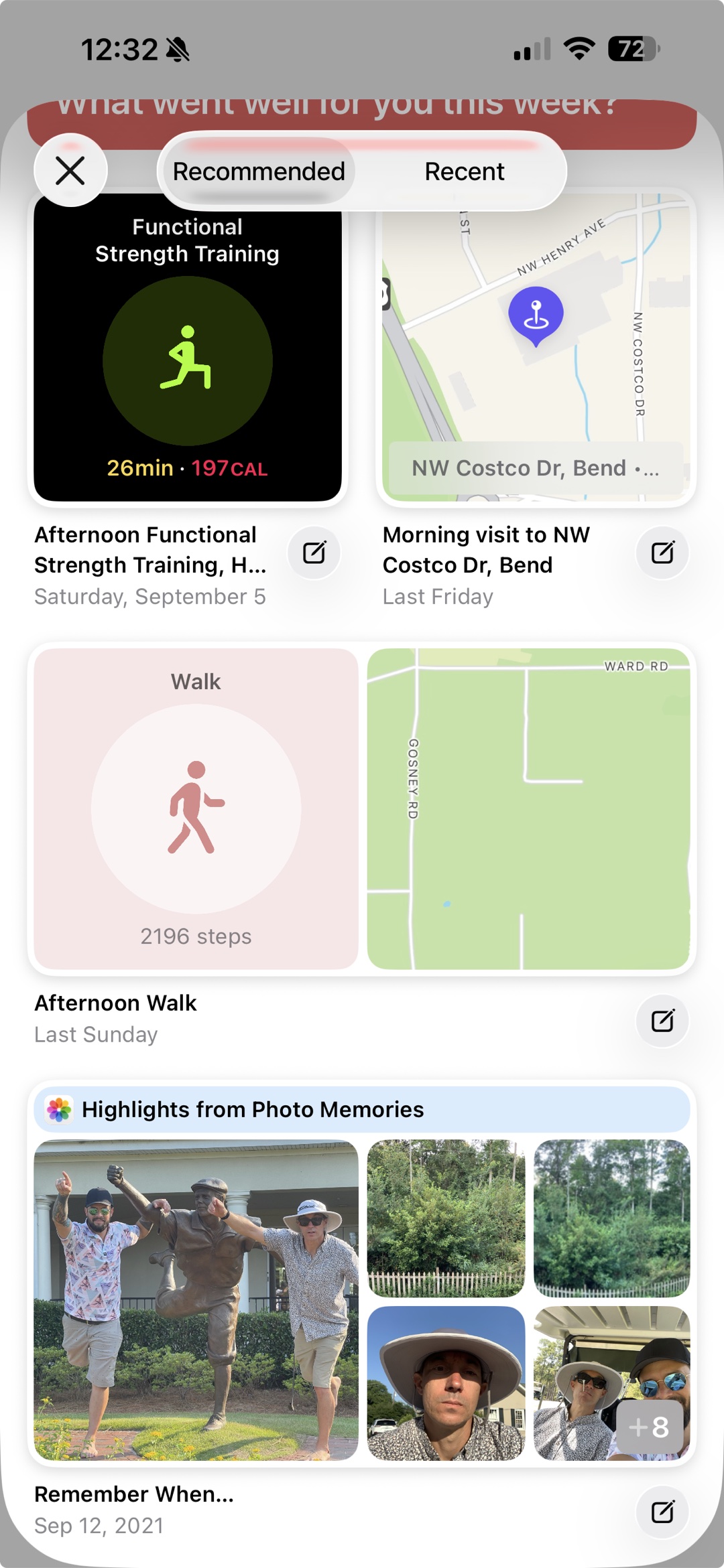 Ping's suggestions: a strength workout, a place you visited, an afternoon walk with its route, and a set of photo memories — each one tap from becoming a post.