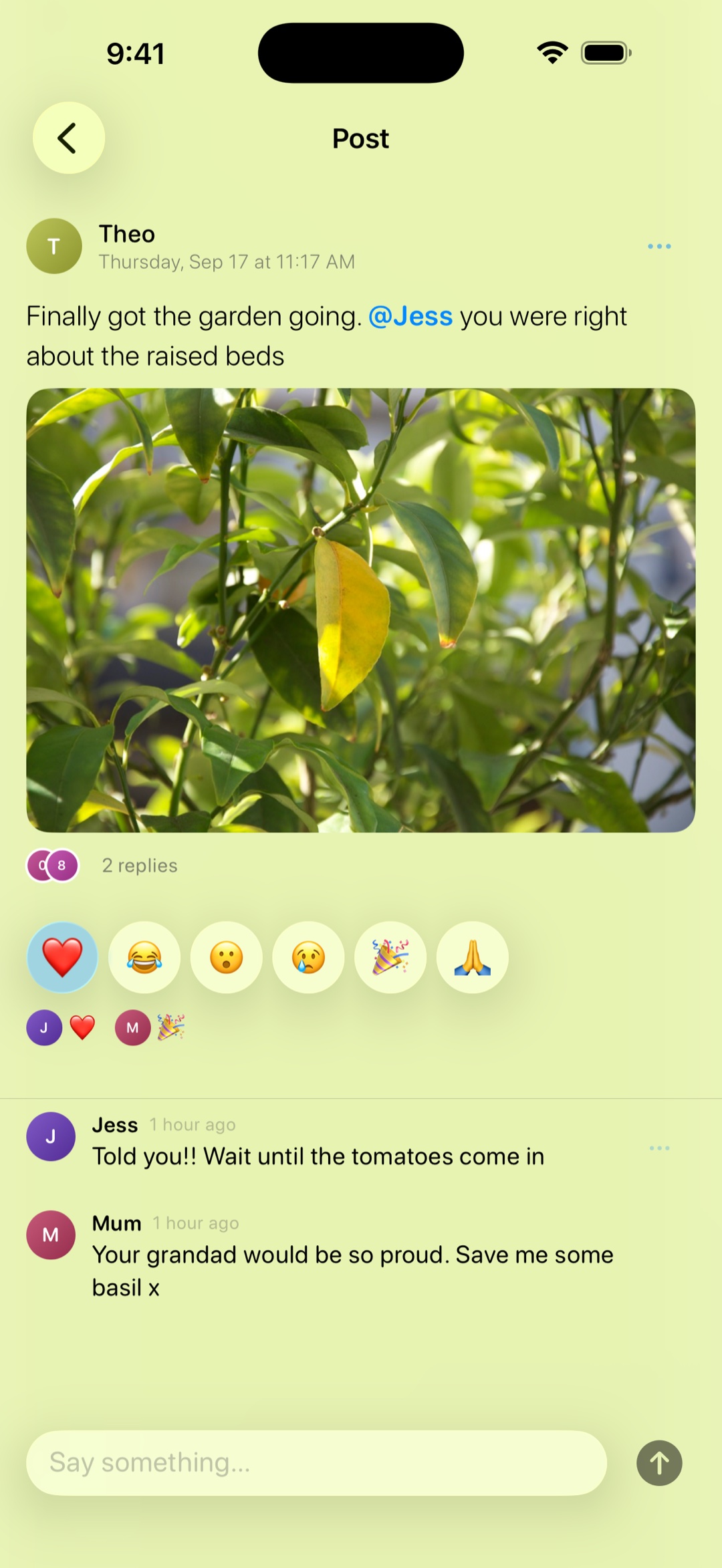 A post opened in Ping, with two reactions, two comments, and an @mention.